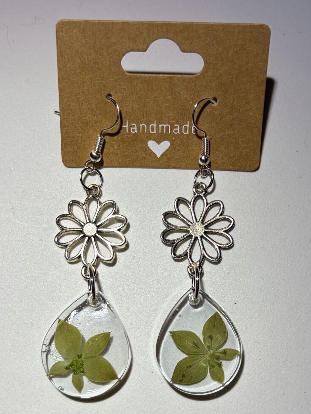 Silver Flower Drop Earrings with Green Pressed Flowers